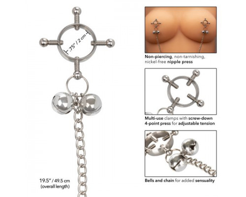 Заказать Металлические зажимы для сосков на цепочке Nipple Grips 4-Point Nipple Press with Bells