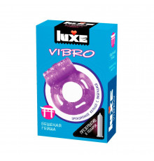 Фиолетовое эрекционное виброкольцо Luxe VIBRO  Бешеная гейша  + презерватив