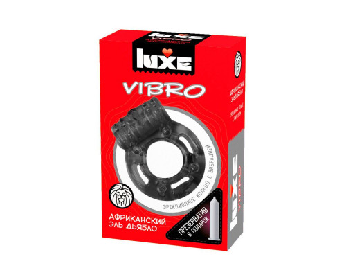 Заказать Чёрное эрекционное виброкольцо Luxe VIBRO  Африканский Эль Дьябло  + презерватив