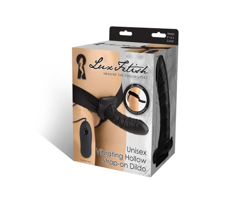 Заказать Чёрный полый страпон с вибрацией Unisex Vibrating Hollow Strap-On - 14 см.