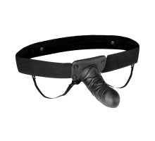 Чёрный полый страпон с вибрацией Unisex Vibrating Hollow Strap-On - 14 см.