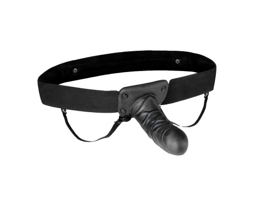 Заказать Чёрный полый страпон с вибрацией Unisex Vibrating Hollow Strap-On - 14 см.