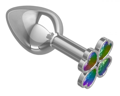 Заказать Серебристая анальная втулка с клевером из радужных кристаллов - 7 см.