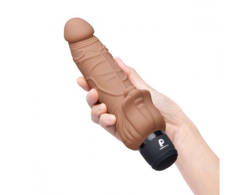 Кофейный вибратор-реалистик с клиторальными лепестками 7  Realistic Vibrator - 21,5 см.