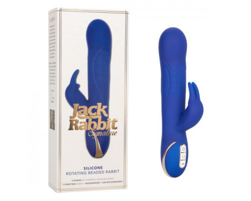 Заказать Синий вибратор Signature Silicone Rotating Beaded Rabbit с клиторальным отростком - 22,75 см.