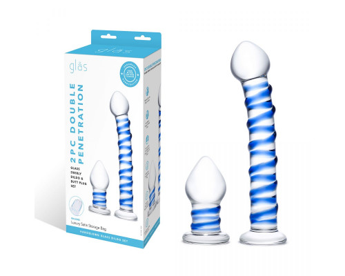 Заказать Набор из 2 стеклянных игрушек с синей спиралью Swirly Dildo   Buttplug Set