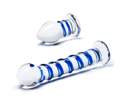 Заказать Набор из 2 стеклянных игрушек с синей спиралью Swirly Dildo   Buttplug Set