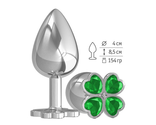 Заказать Серебристая анальная пробка-клевер с зеленым кристаллом - 9,5 см.