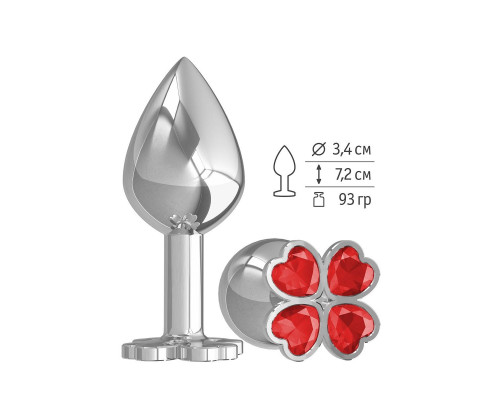 Заказать Средняя серебристая анальная втулка с клевером из красных кристаллов - 8,5 см.