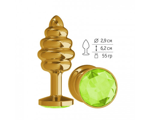 Заказать Золотистая спиралевидная анальная пробка с салатовым кристаллом - 7 см.
