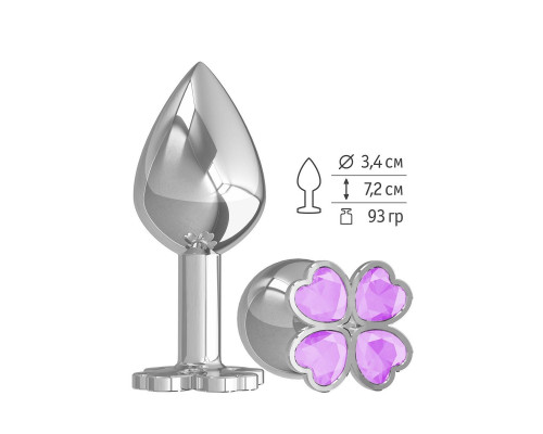 Заказать Средняя серебристая анальная втулка с клевером из сиреневых кристаллов - 8,5 см.