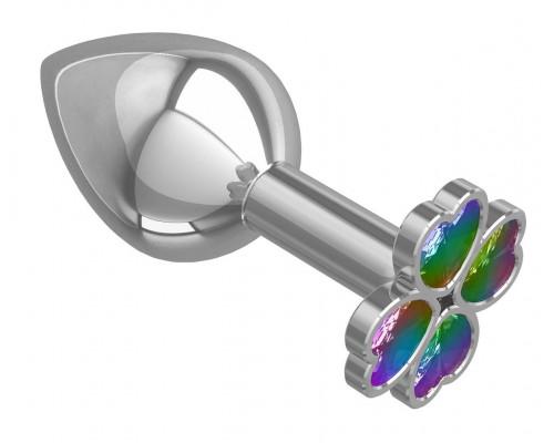 Заказать Средняя серебристая анальная втулка с клевером из радужных кристаллов - 8,5 см.