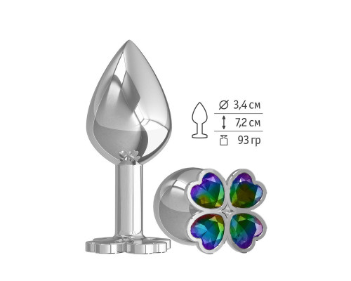 Заказать Средняя серебристая анальная втулка с клевером из радужных кристаллов - 8,5 см.