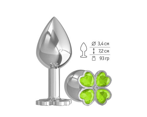 Заказать Средняя серебристая анальная втулка с клевером из лаймовых кристаллов - 8,5 см.