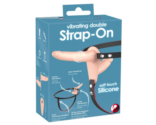 Телесный двойной вибрострапон с вибрацией Vibrating Double Strap-On - 15 см.